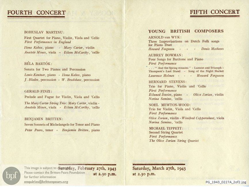 Concert programme:  Britten Seven Sonnets of Michelangelo and String Quartet No. 1, Wigmore Hall, London