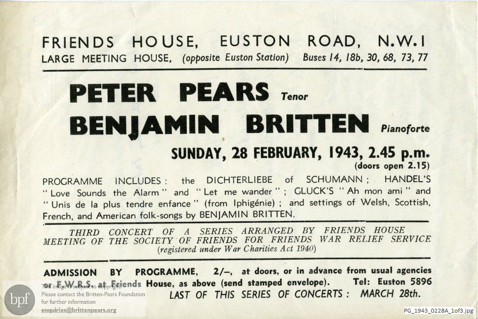 Concert programme:  Britten Folk Songs, Friends House, Euston Road, London