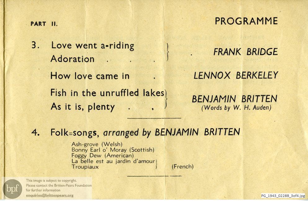 Concert programme:  Britten Folk Song arrangements, Friends House, Euston Road, London