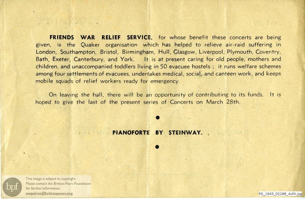 Concert programme:  Britten Folk Song arrangements, Friends House, Euston Road, London