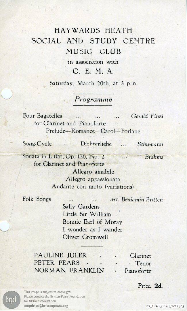 Concert programme:  Britten Folk Song arrangements, Haywards Heath Social and Study Centre, Sussex