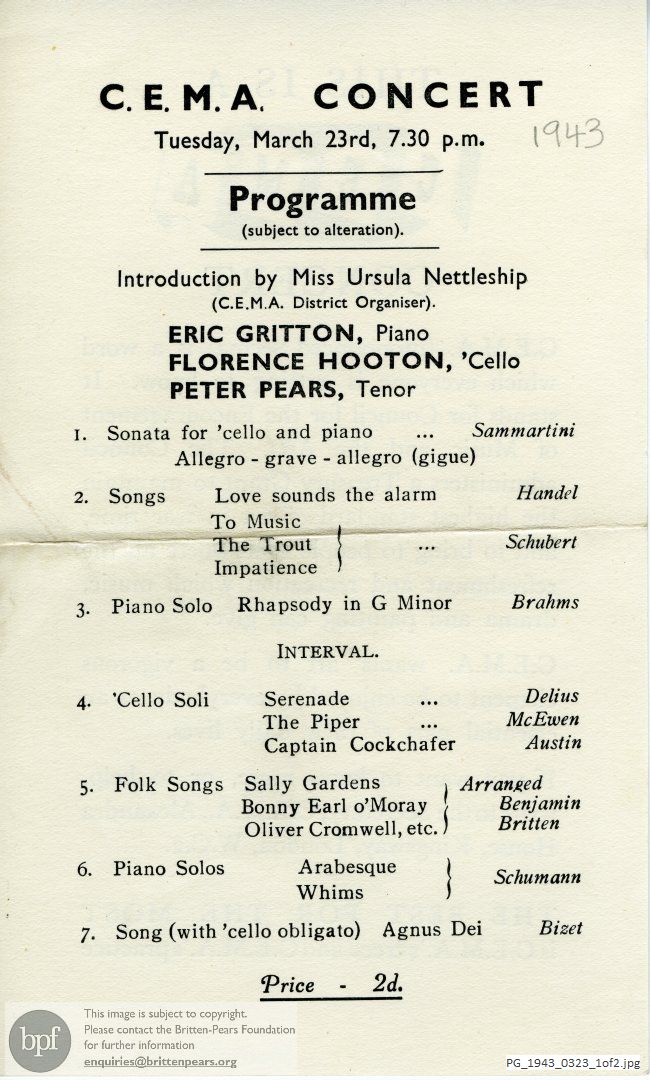 Concert programme:  Britten Folk Song arrangements, Braintree, Essex