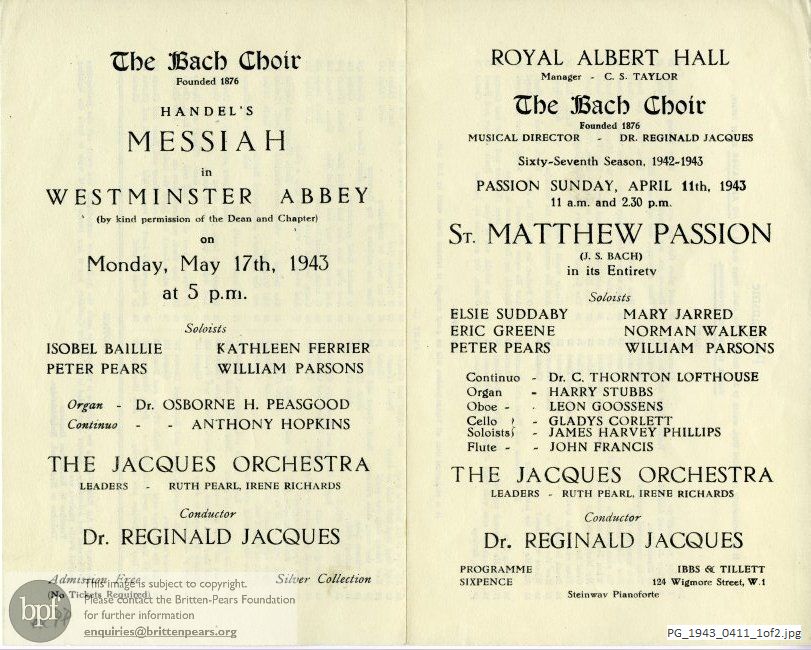Concert programme:  Handel Messiah, Bach St Matthew Passion, Westminster Abbey and Royal Albert Hall, London