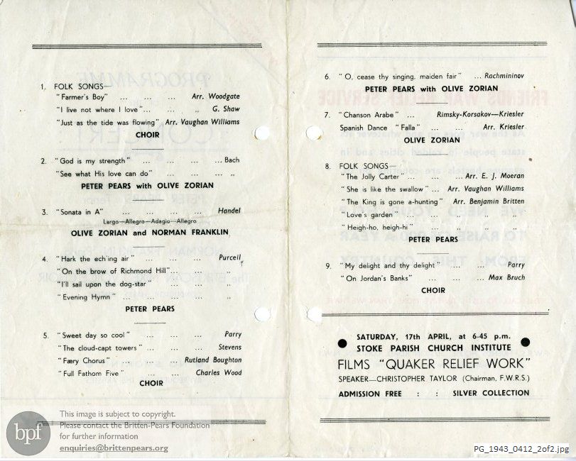 Concert programme:  Britten Folk Song arrangements, Stoke