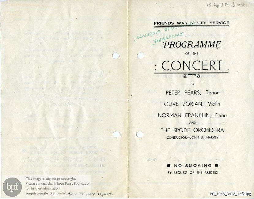 Concert programme:  Britten Folk Song arrangements, Stoke