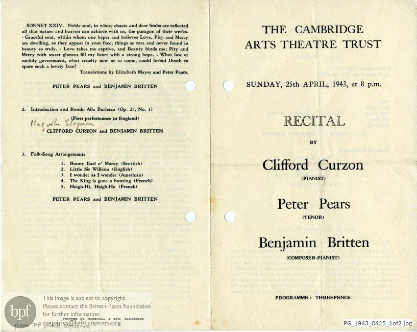 Concert programme:  Britten, Pears and Curzon recital, Arts Theatre, Cambridge