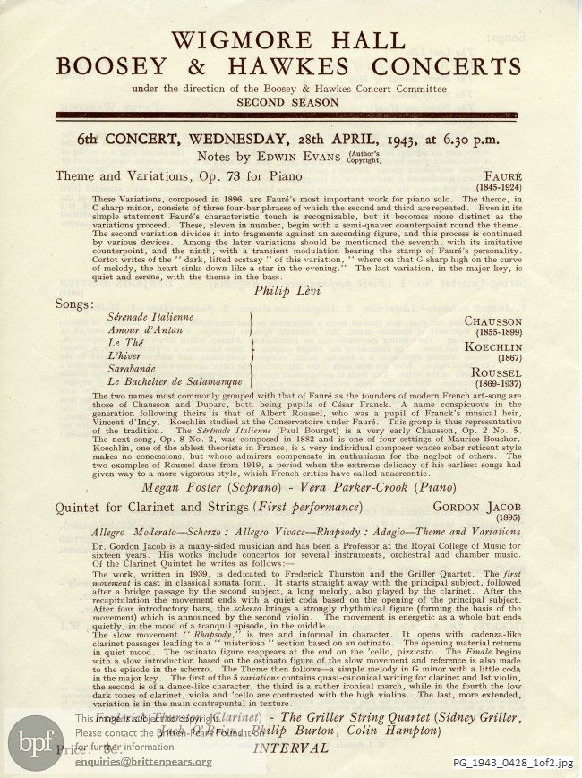 Concert programme:  Britten String Quartet No. 1, Wigmore Hall, London