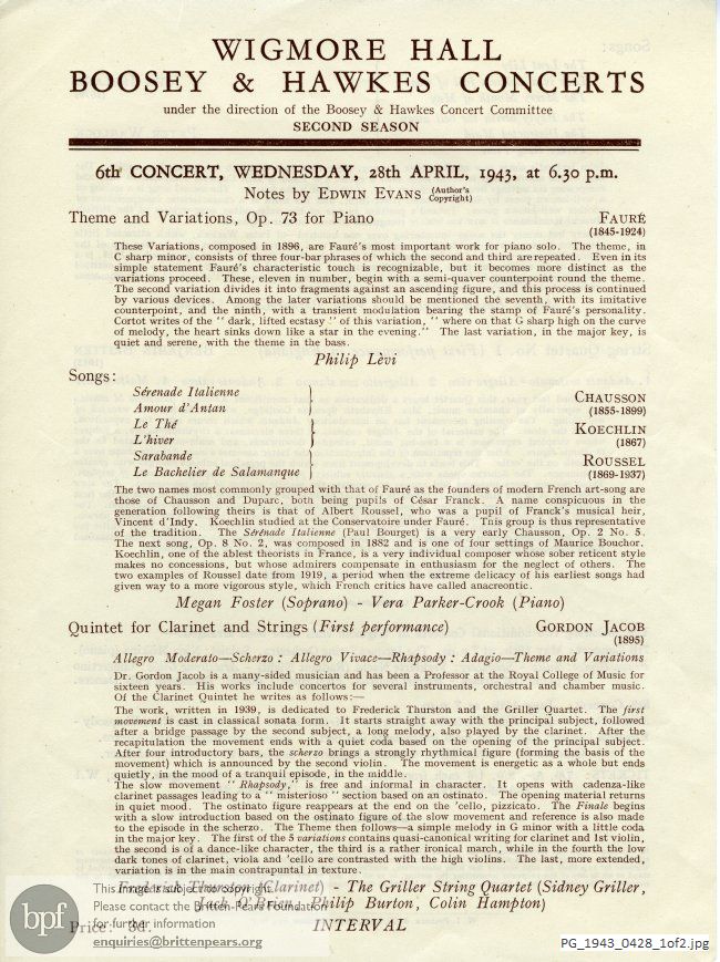 Concert programme:  Britten String Quartet No. 1, Wigmore Hall, London