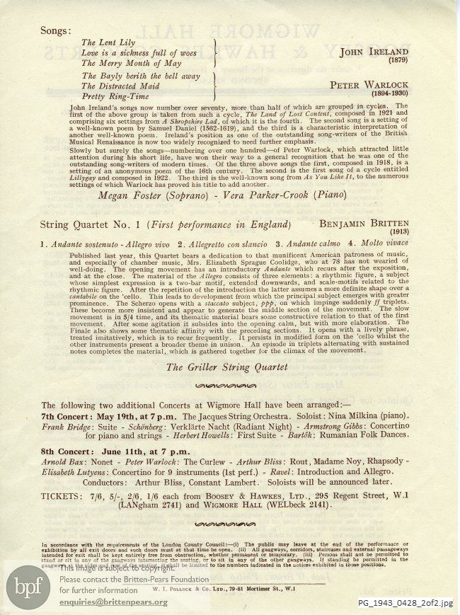 Concert programme:  Britten String Quartet No. 1, Wigmore Hall, London