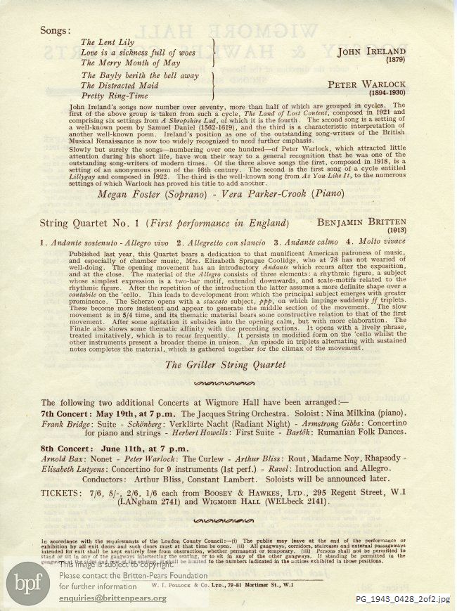 Concert programme:  Britten String Quartet No. 1, Wigmore Hall, London