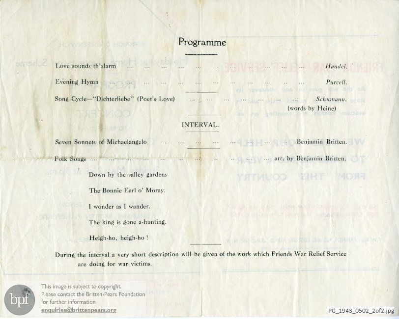 Concert programme:  Britten Seven Sonnets of Michelangelo & Folk Song arrangements, Charlton House, London 