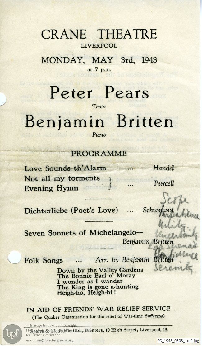 Concert programme:  Britten Seven Sonnets of Michelangelo & Folk Song arrangements, Crane Theatre, Liverpool