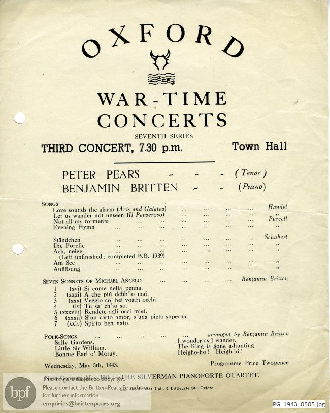 Concert programme:  Britten Seven Sonnets of Michelangelo & Folk Song arrangements, Town Hall, Oxford