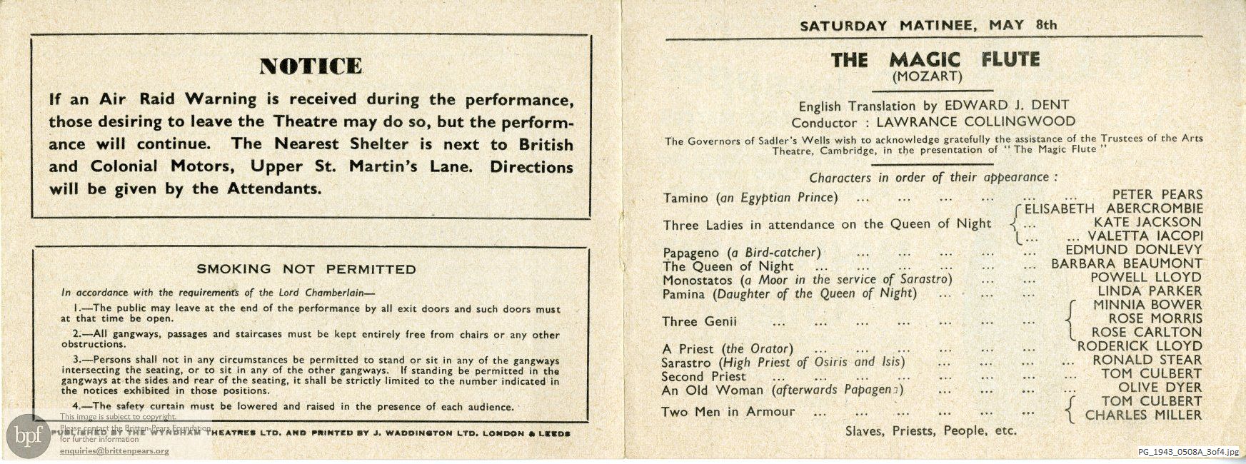 Concert programme:  Mozart The Magic Flute, New Theatre, London