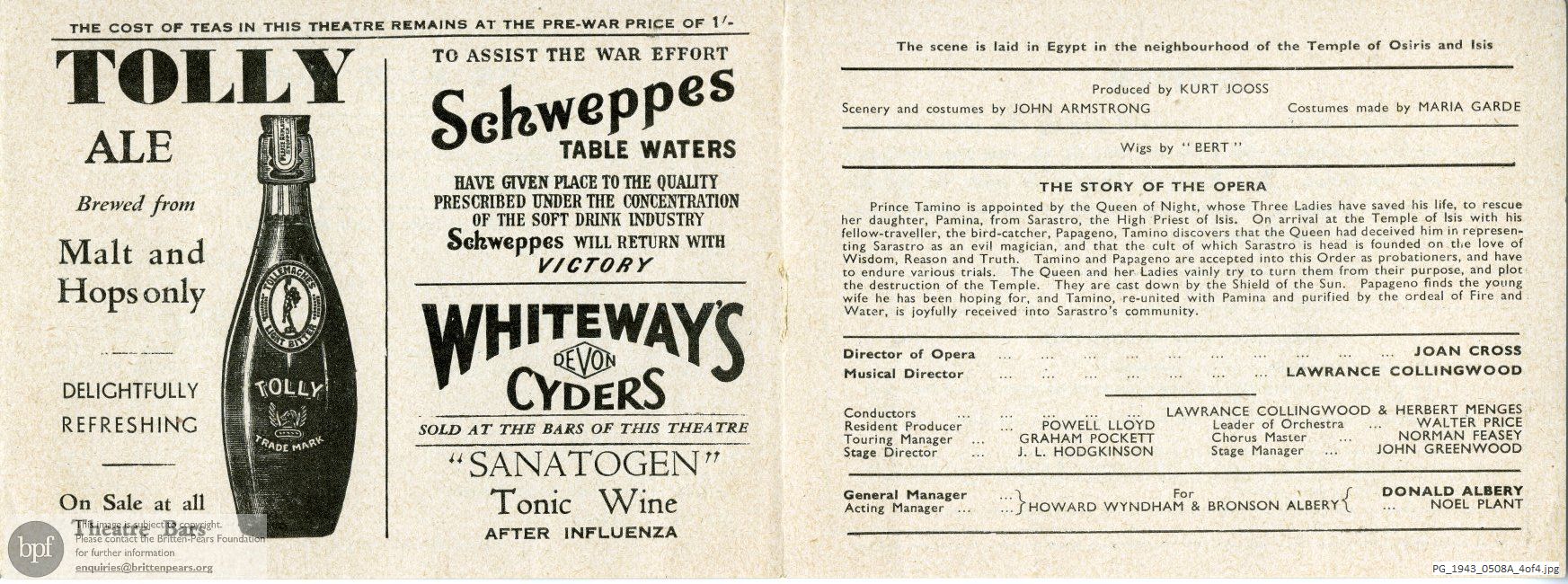 Concert programme:  Mozart The Magic Flute, New Theatre, London