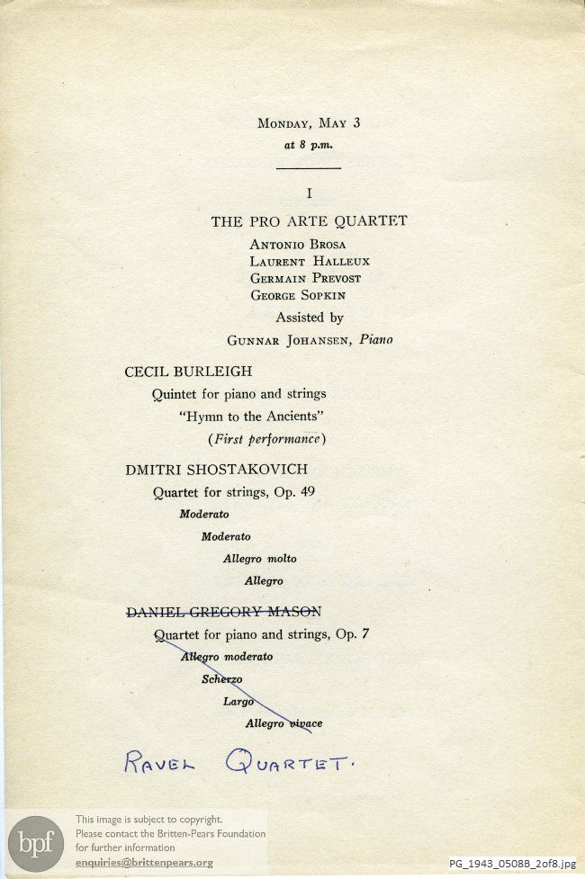 Concert programme:  Britten Violin Concerto, Music School Auditorium, School of Music, University of Winsconsin, USA