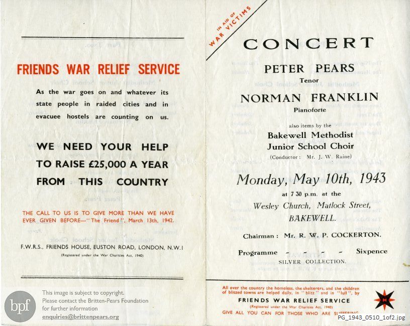 Concert programme:  Britten Folk Song arrangements, Wesley Church, Matlock Street, Bakewell