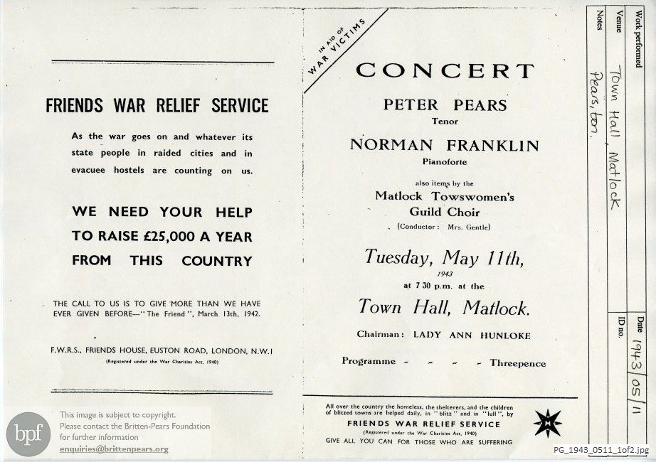 Concert programme:  Britten Folk Song arrangements, Town Hall, Matlock