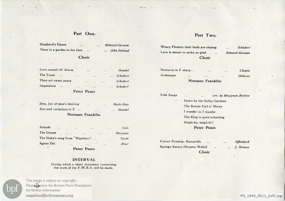 Concert programme:  Britten Folk Song arrangements, Town Hall, Matlock