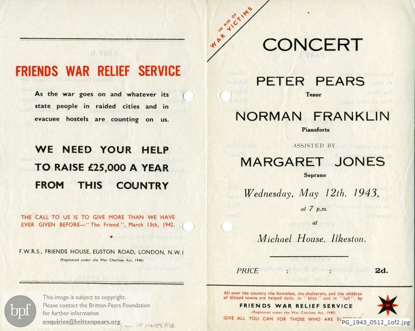 Concert programme:  Britten Folk Song arrangements, Michael House, Ilkeston, Derbyshire