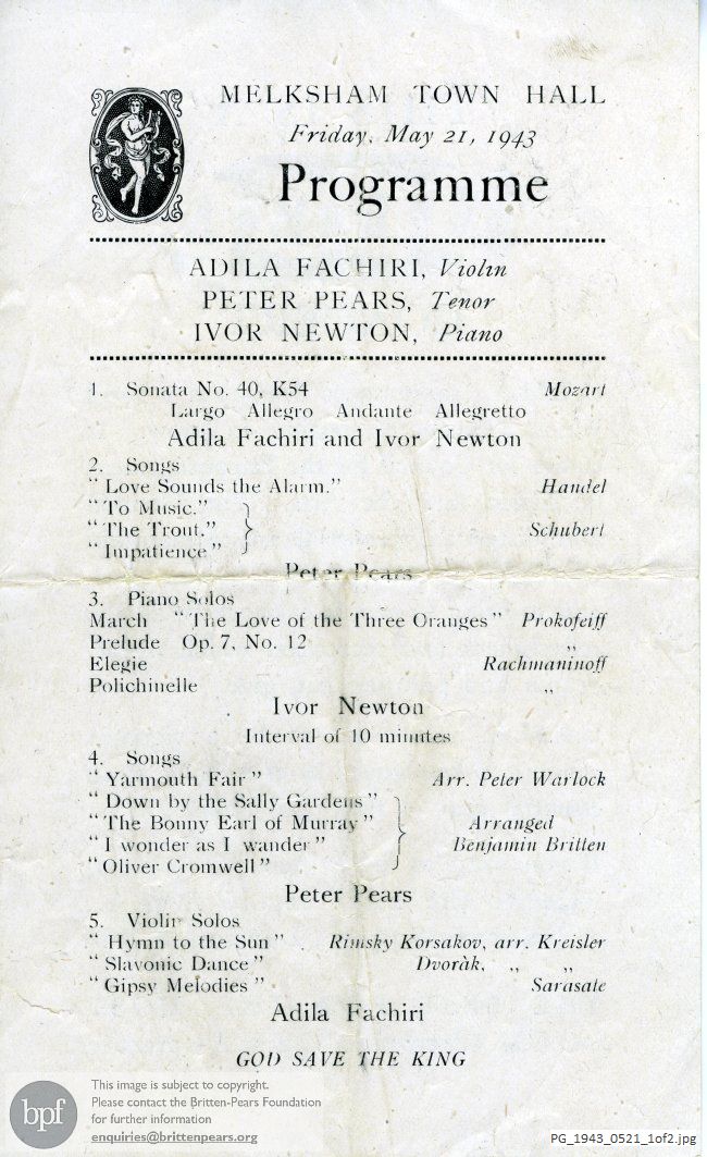 Concert programme:  Britten Folk Song arrangements, Melksham Town Hall, Wiltshire