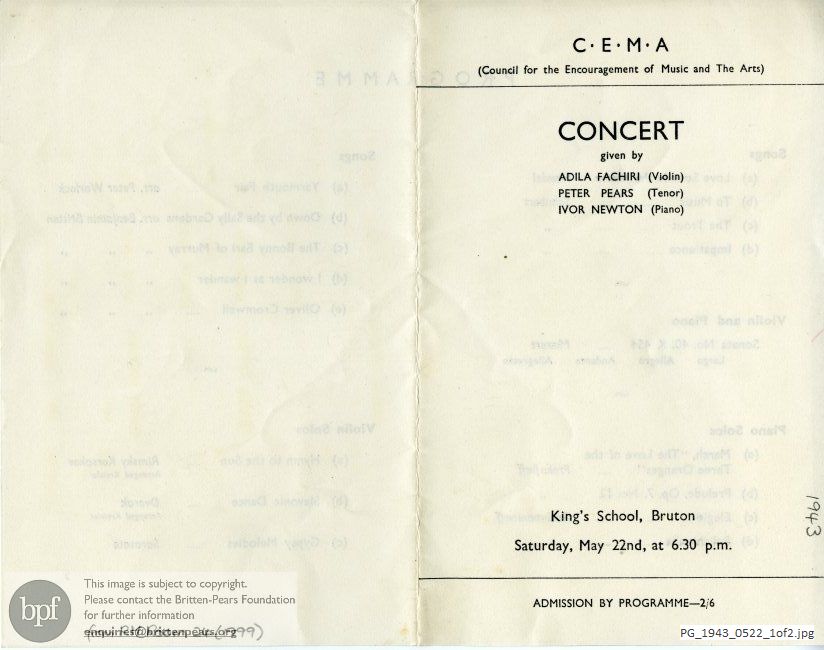 Concert programme:  Britten Folk Song arrangements, King's School, Bruton, Somerset