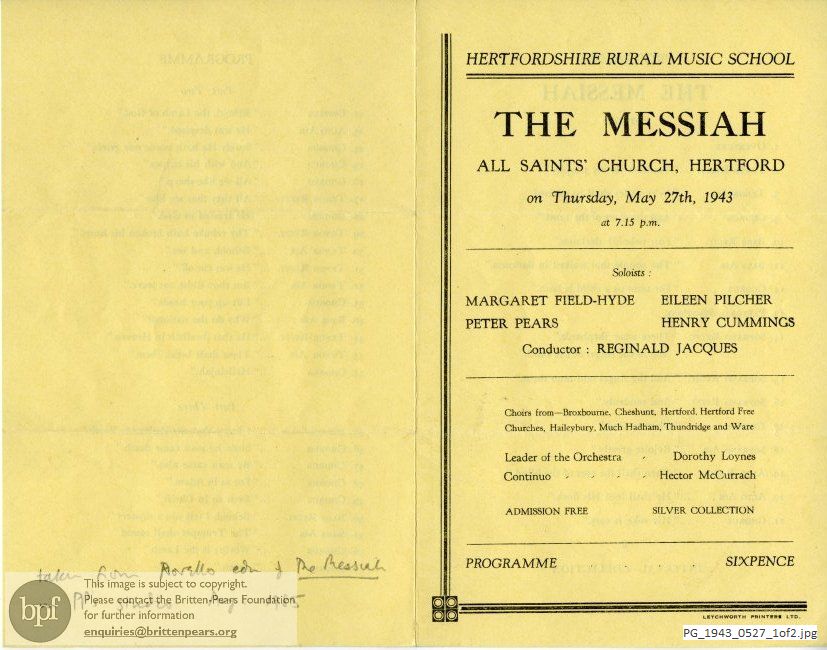 Concert programme:  Handel Messiah, All Saint's Church, Hertford