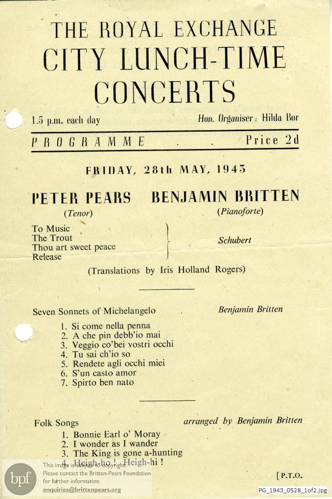 Concert programme:  Britten Seven Sonnets of Michelangelo,  The Royal Exchange, London