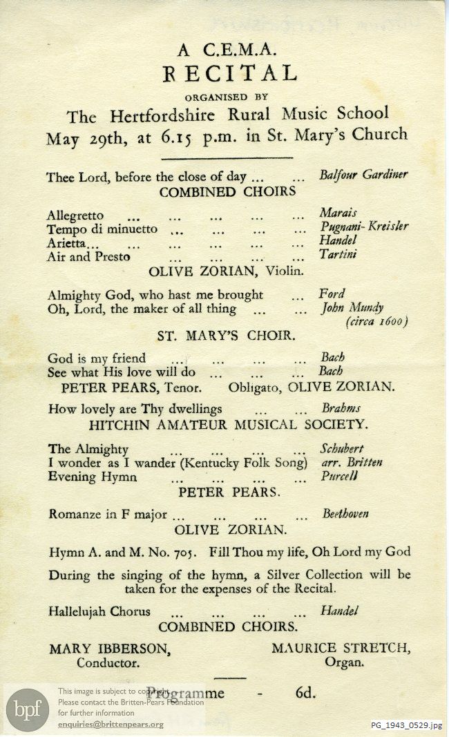 Concert programme:  CEMA recital, St. Mary's Church, Hitchin, Hertfordshire