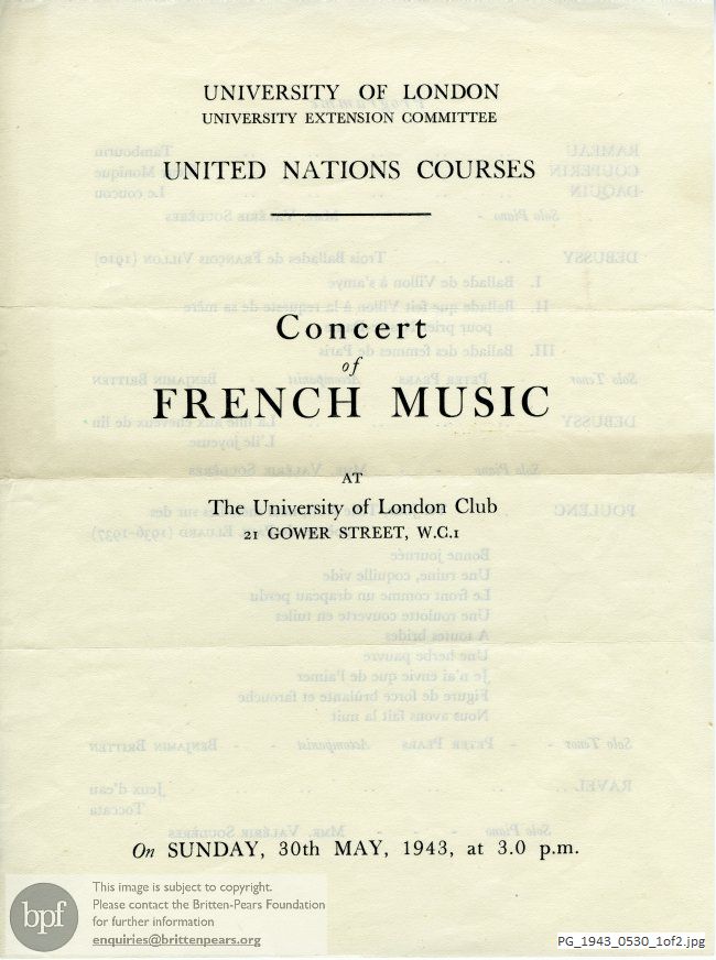 Concert programme:  Various French Composers, University of London Club, London