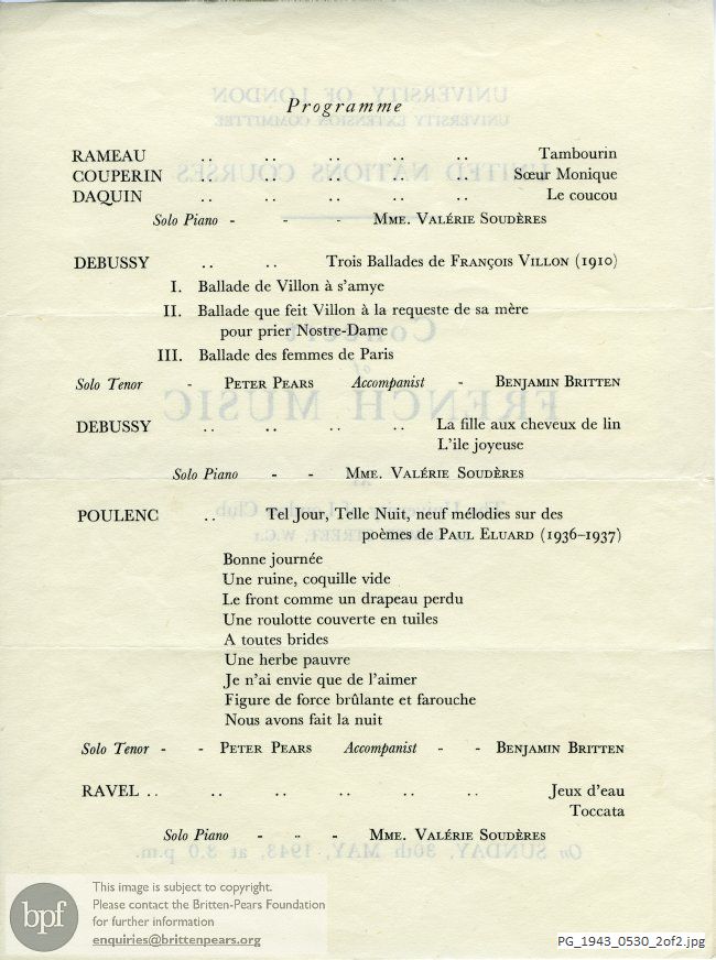 Concert programme:  Various French Composers, University of London Club, London