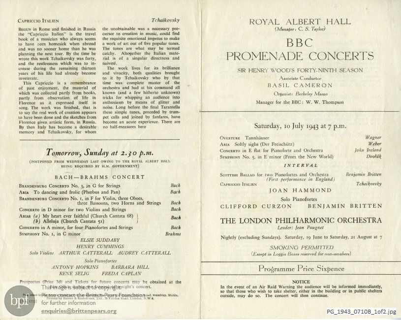 Concert programme:  Britten Scottish Ballad, Royal Albert Hall, London