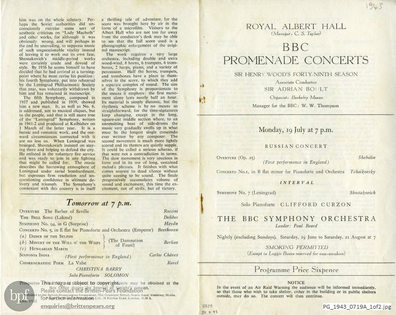 Concert programme:  Various Russian composers, Royal Albert Hall, London