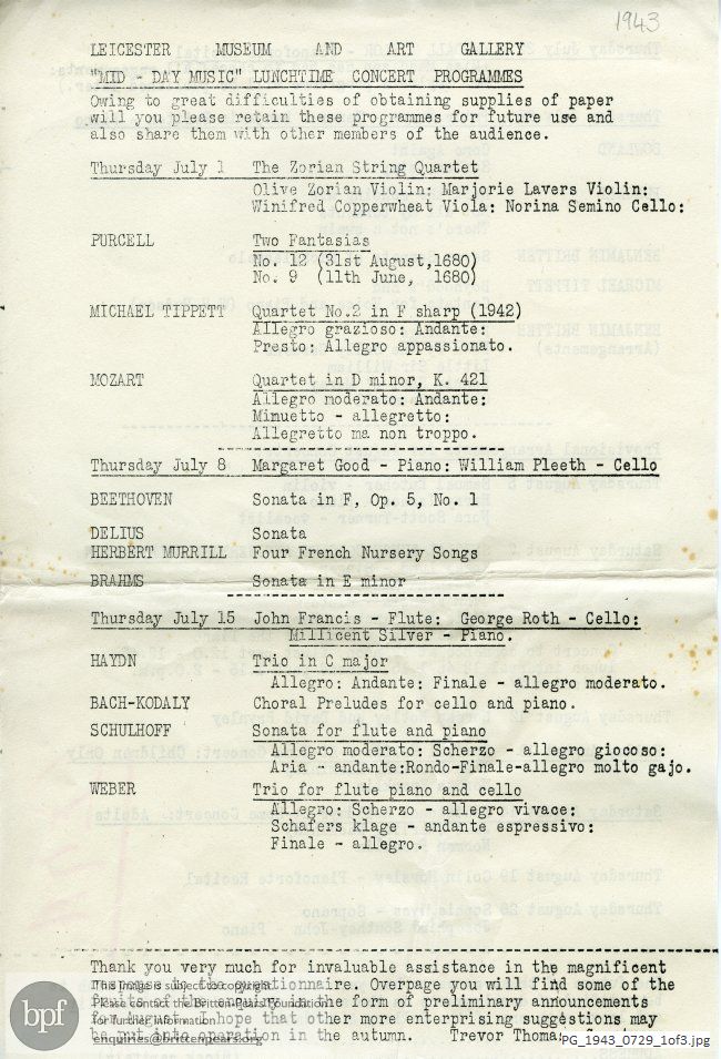 Concert programme:  Britten Seven Sonnets of Michelangelo, Leicester Museum and Art Gallery, Leicester