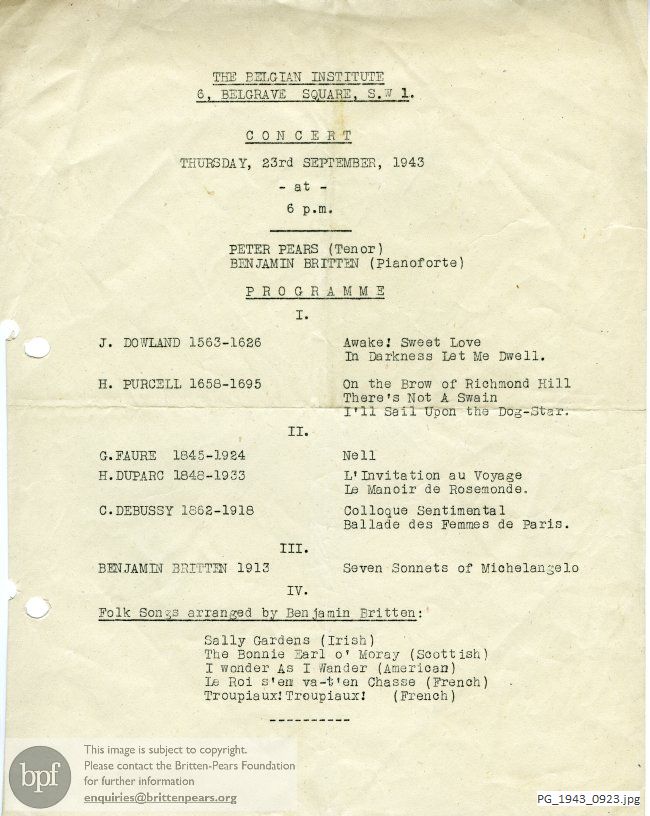 Concert programme:  Britten Seven Sonnets of Michelangelo and Folk Songs, The Belgian Institute, Belgrave Square