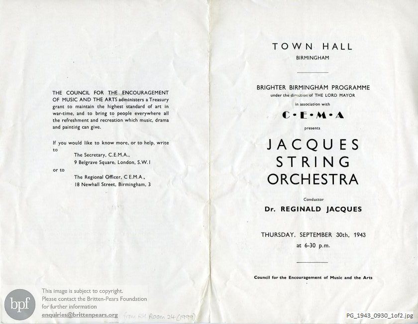 Concert programme:  Britten Les Illuminations, Town Hall, Birmingham