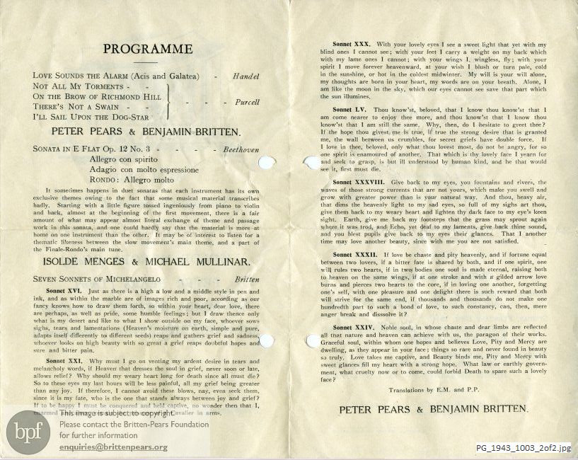 Concert programme:  Britten Seven Sonnets of Michelangelo and Folk Songs, Wulfrun Hall, Wolverhampton
