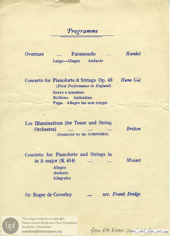 Concert programme:  Britten Les Illuminations, Wigmore Hall, London.