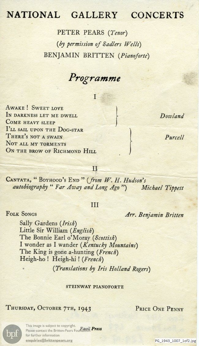 Concert programme:  Britten Folk Songs, National Gallery, London