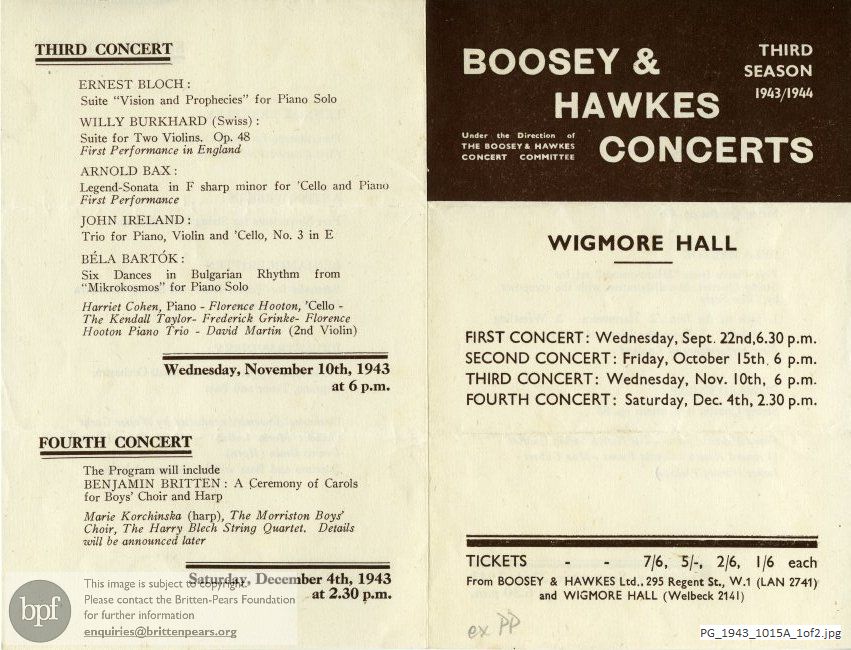 Concert programme:  Britten Serenade for Tenor, Horn and Strings & A Ceremony of Carols [revised version], Wigmore Hall, London.