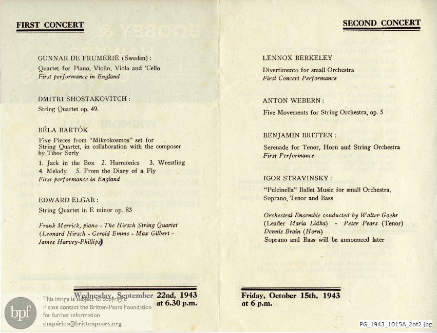 Concert programme:  Britten Serenade for Tenor, Horn and Strings & A Ceremony of Carols [revised version], Wigmore Hall, London.