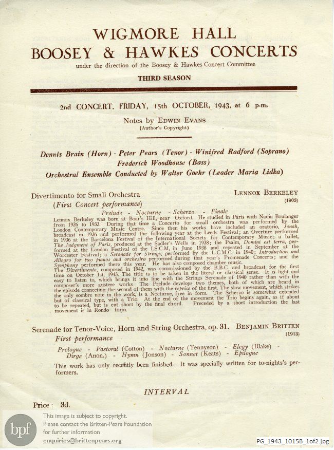 Concert programme:  Britten Serenade for Tenor, Horn and Strings, Wigmore Hall, London.
