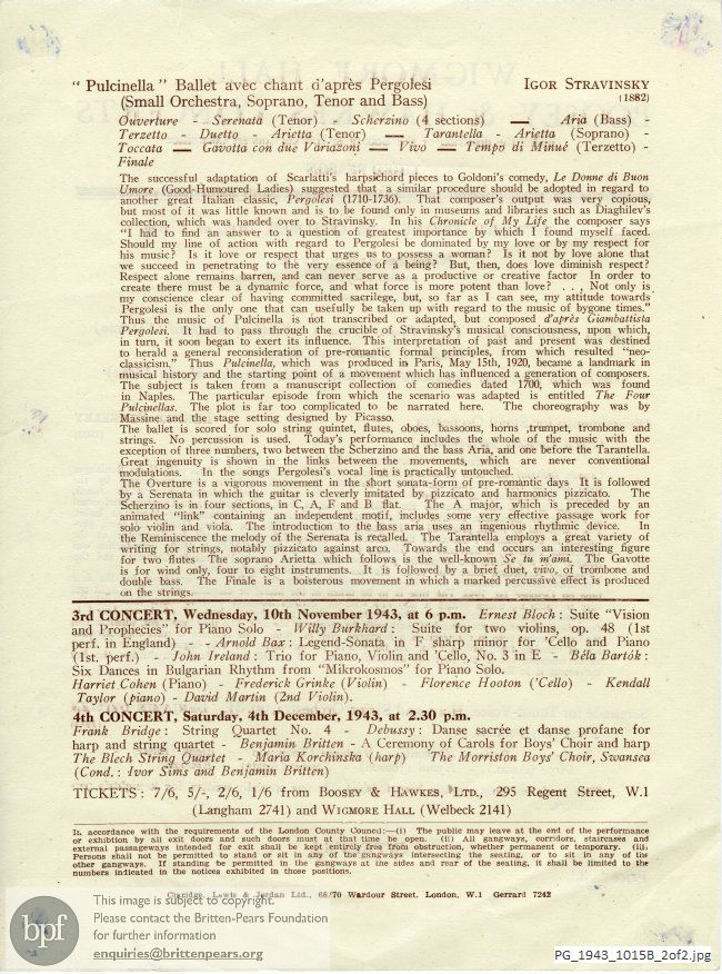 Concert programme:  Britten Serenade for Tenor, Horn and Strings, Wigmore Hall, London.