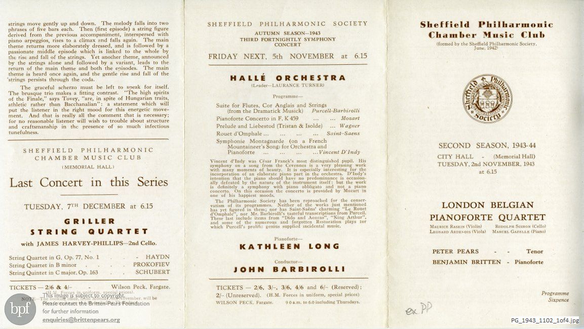 Concert programme:  Britten Seven Sonnets of Michelangelo, City Hall, Sheffield.