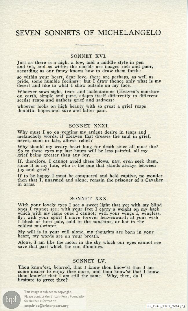 Concert programme:  Britten Seven Sonnets of Michelangelo, City Hall, Sheffield.