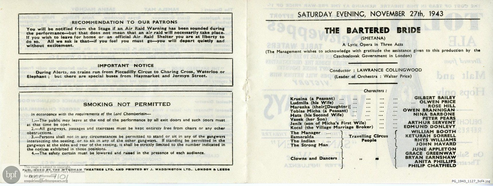 Concert programme:  Smetana The bartered bride, New Theatre, London