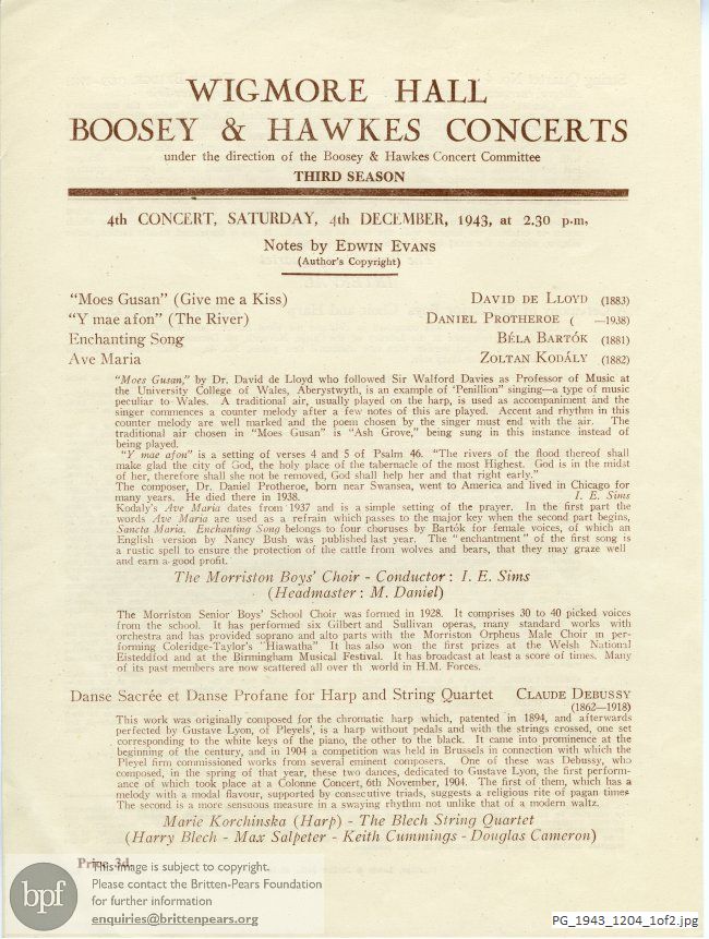 Concert programme:  Britten Ceremony of Carols [revised version], Wigmore Hall, London.