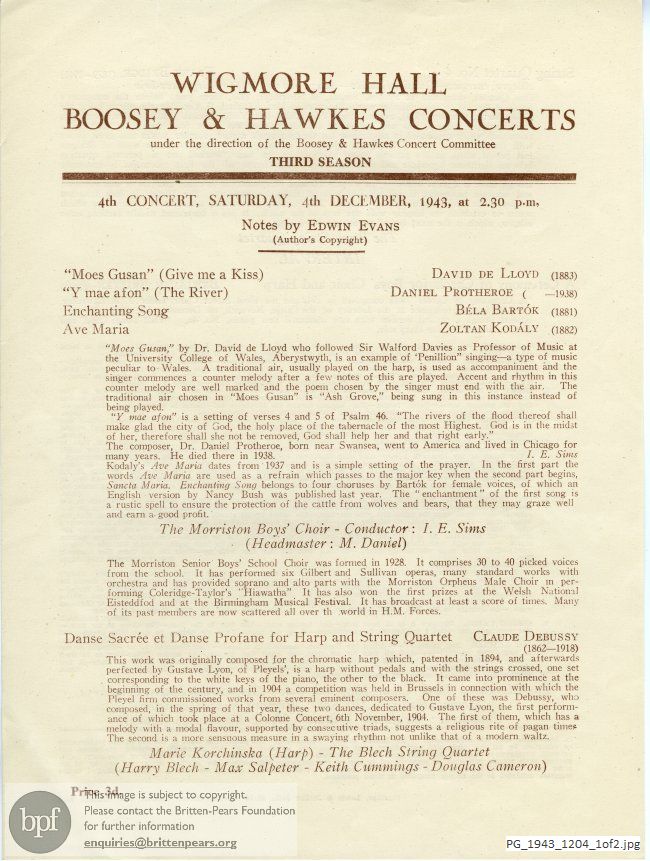 Concert programme:  Britten Ceremony of Carols [revised version], Wigmore Hall, London.
