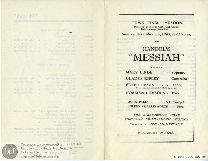 Concert programme:  Handel Messiah, Town Hall, Yeadon, Yorkshire