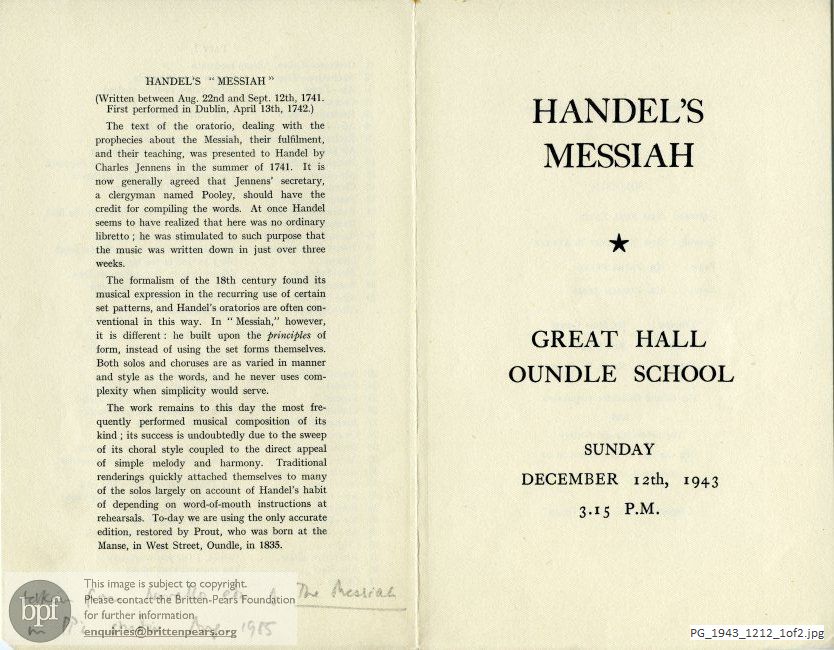 Concert programme:  Handel Messiah, Great Hall, Oundle School, Oundle, Peterborough